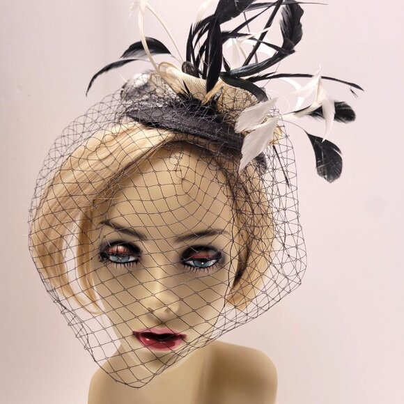 Black Headband Feathers Fascinator with Black netting on Headband - Picture 5 of 15